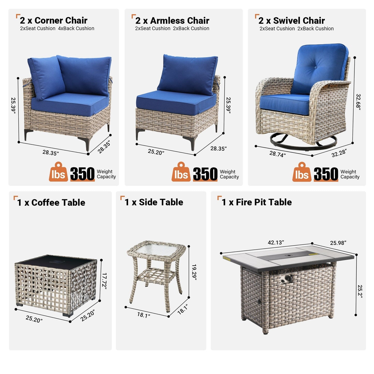 Set di 9 sedie girevoli in vimini per esterni OVIOS con tavolo da fuoco