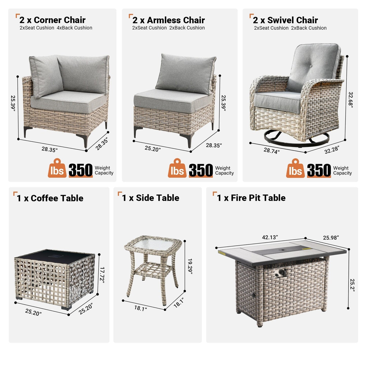 Set di 9 sedie girevoli in vimini per esterni OVIOS con tavolo da fuoco