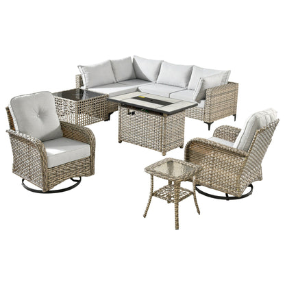 Set di 9 sedie girevoli in vimini per esterni OVIOS con tavolo da fuoco