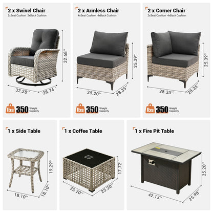 Set di 9 sedie girevoli in vimini per esterni OVIOS con tavolo da fuoco