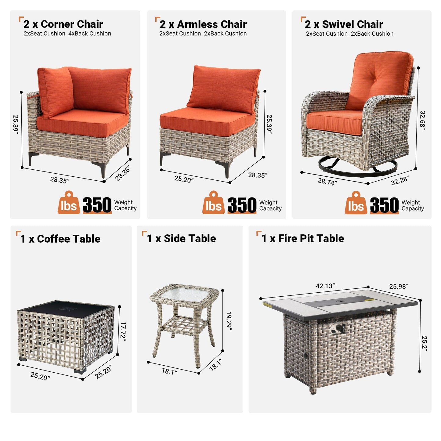 Set di 9 sedie girevoli in vimini per esterni OVIOS con tavolo da fuoco