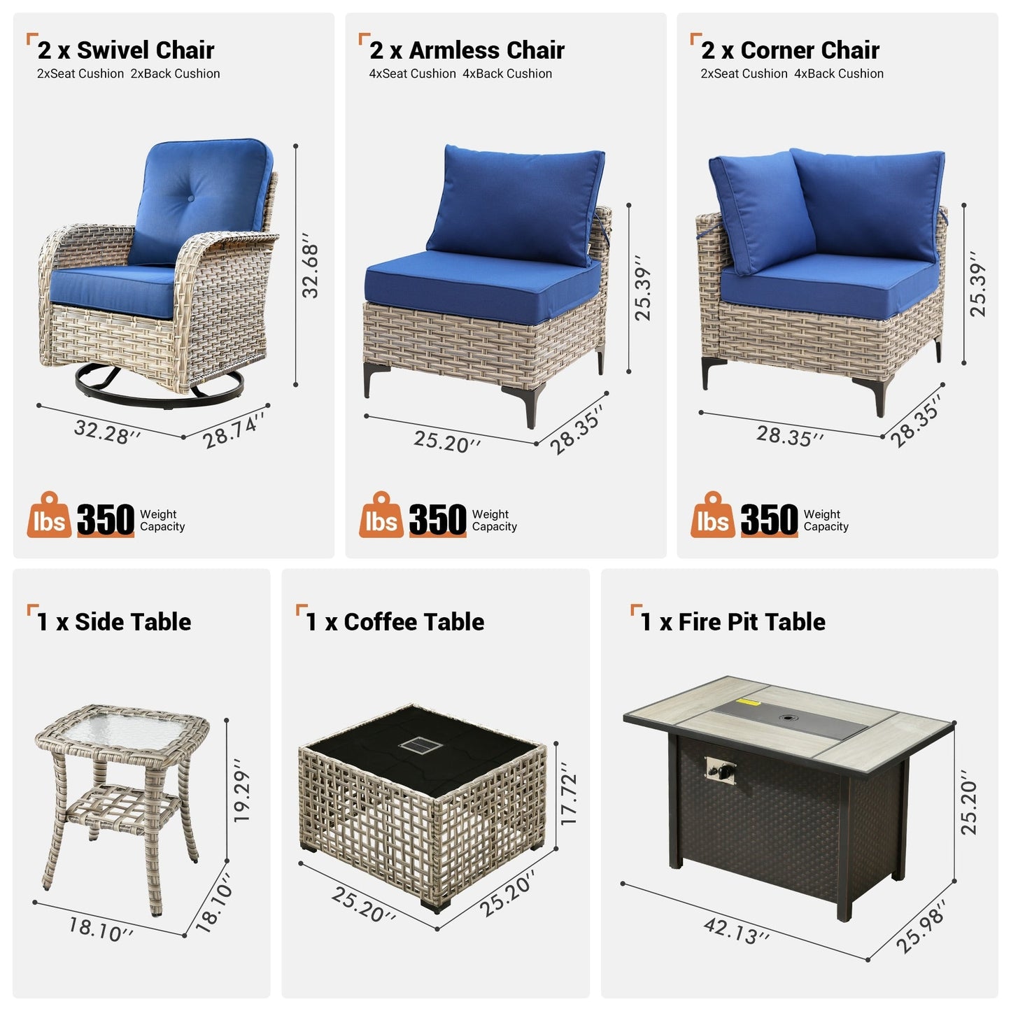 Set di 9 sedie girevoli in vimini per esterni OVIOS con tavolo da fuoco