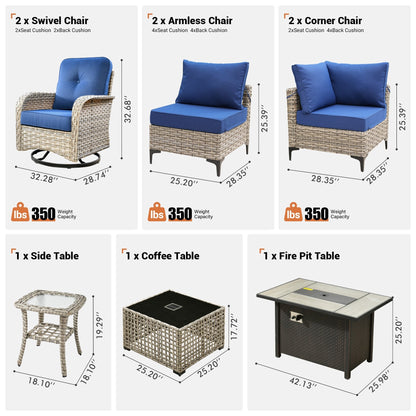 Set di 9 sedie girevoli in vimini per esterni OVIOS con tavolo da fuoco