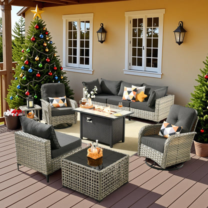 Set di 9 sedie girevoli in vimini per esterni OVIOS con tavolo da fuoco