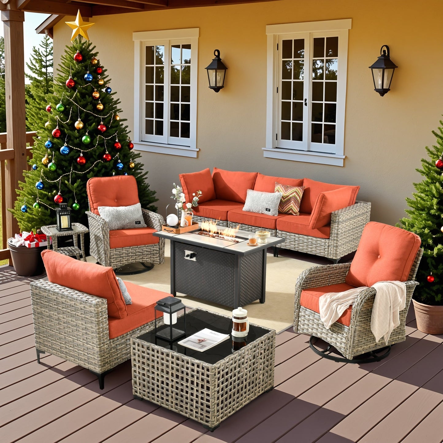 Set di 9 sedie girevoli in vimini per esterni OVIOS con tavolo da fuoco