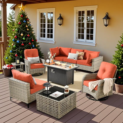 Set di 9 sedie girevoli in vimini per esterni OVIOS con tavolo da fuoco