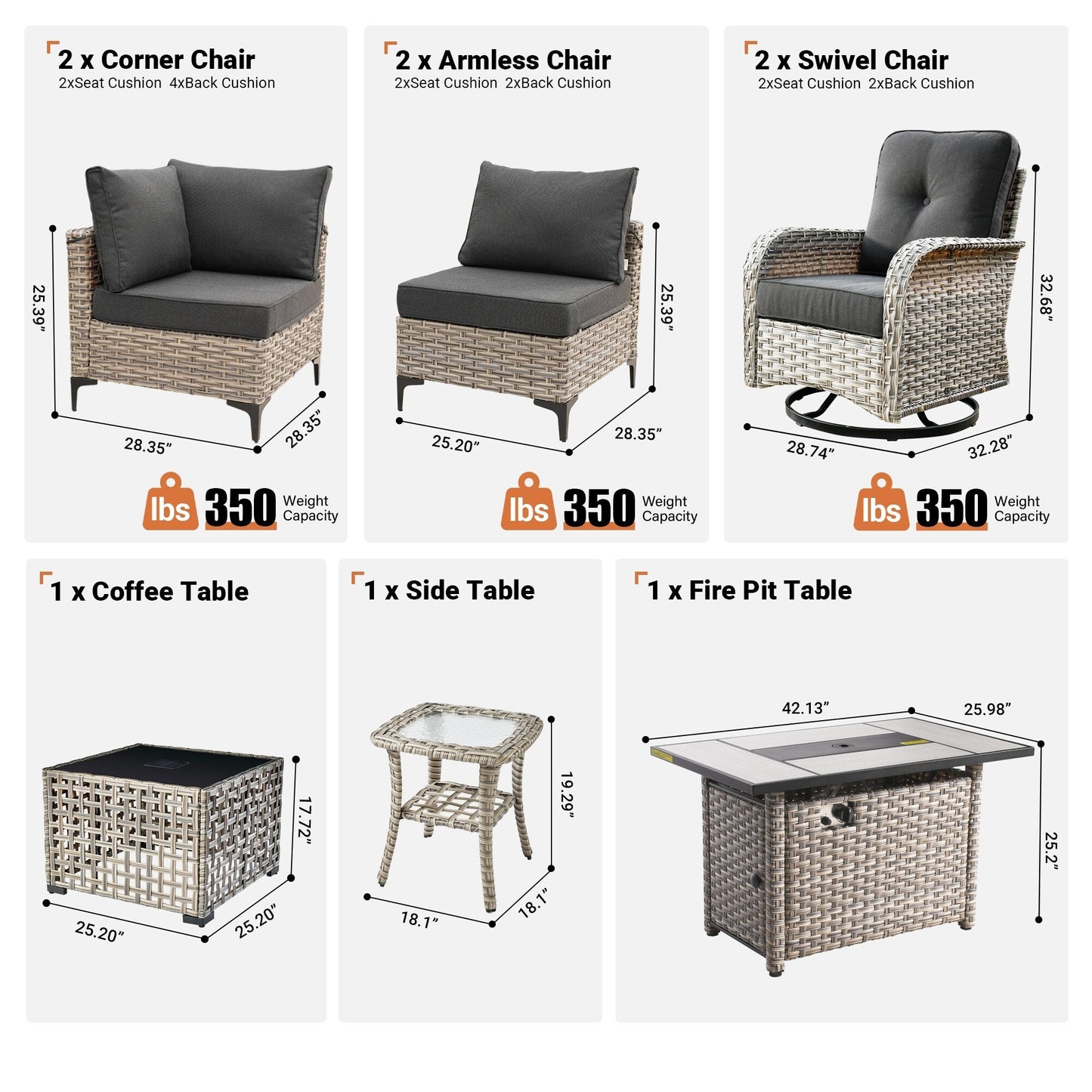 Set di 9 sedie girevoli in vimini per esterni OVIOS con tavolo da fuoco