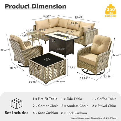 Set di 9 sedie girevoli in vimini per esterni OVIOS con tavolo da fuoco