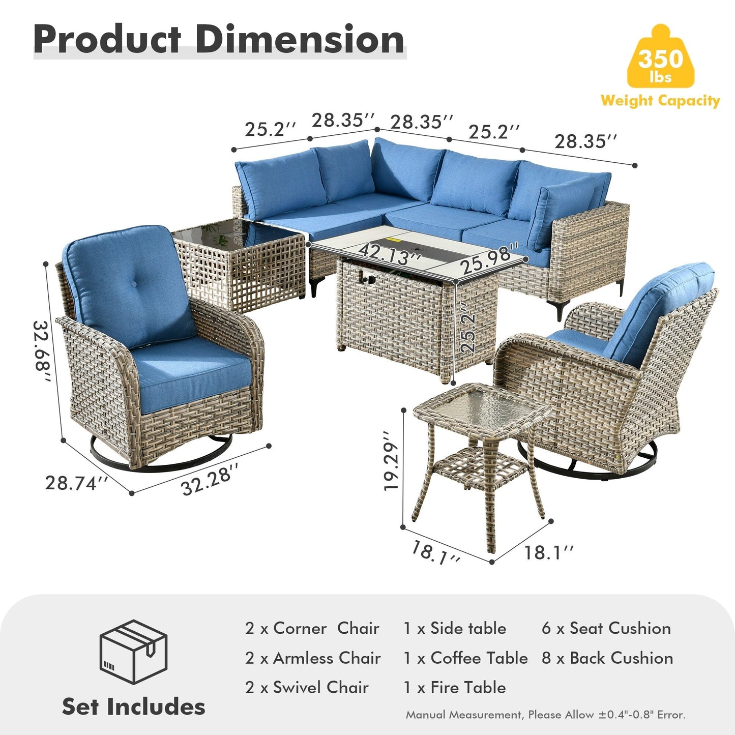 Set di 9 sedie girevoli in vimini per esterni OVIOS con tavolo da fuoco