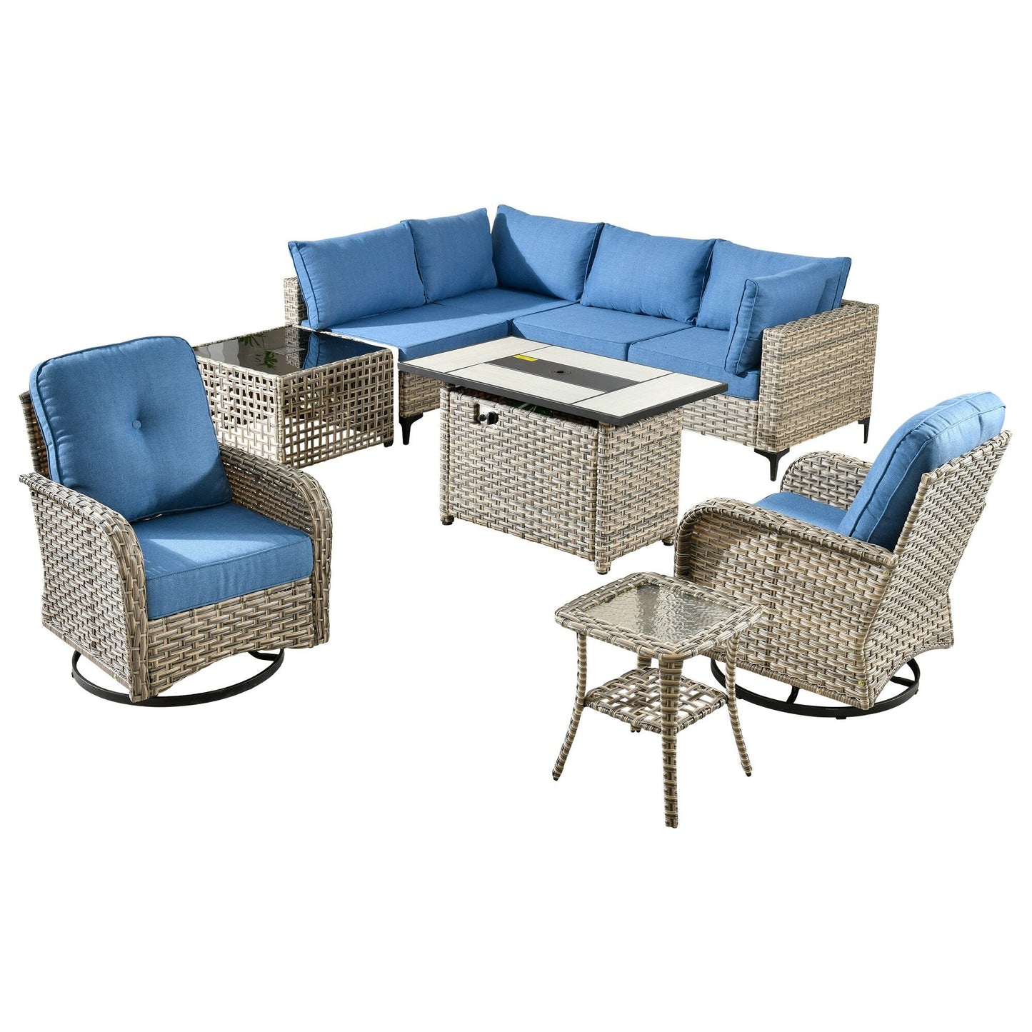 Set di 9 sedie girevoli in vimini per esterni OVIOS con tavolo da fuoco