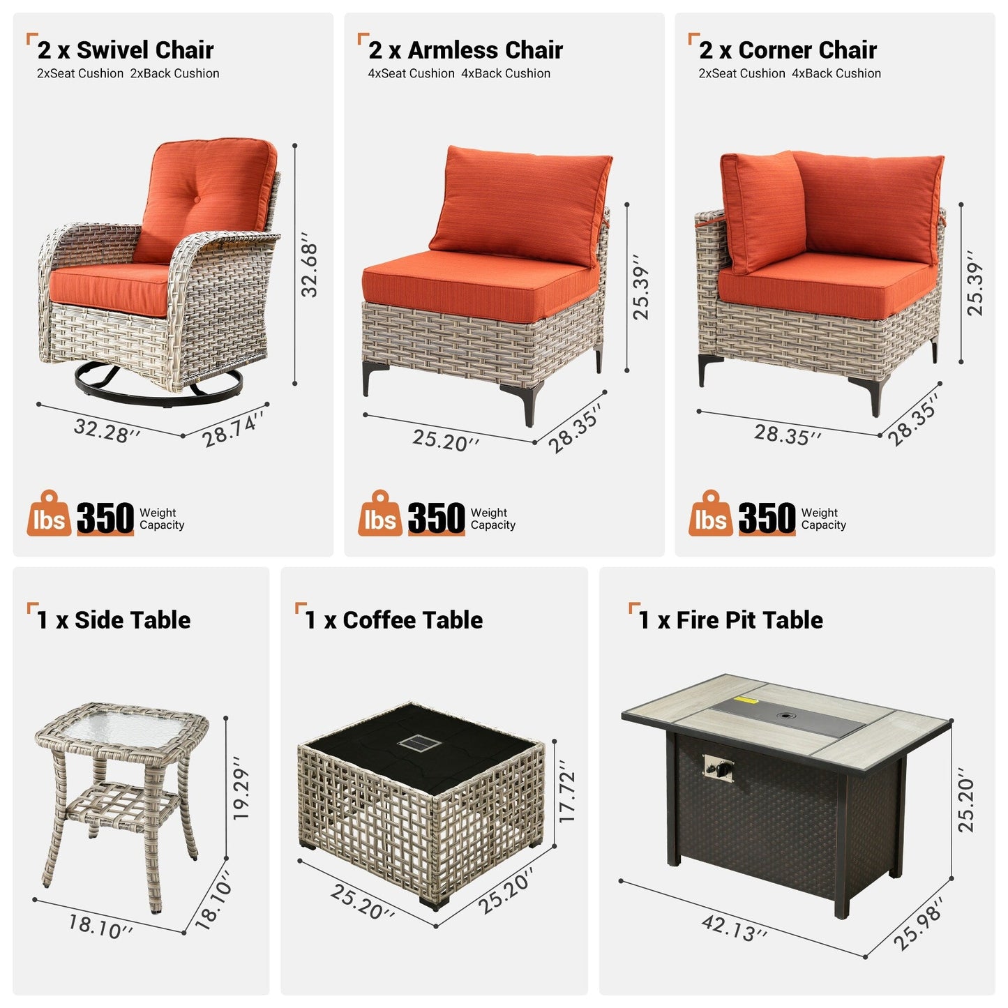 Set di 9 sedie girevoli in vimini per esterni OVIOS con tavolo da fuoco