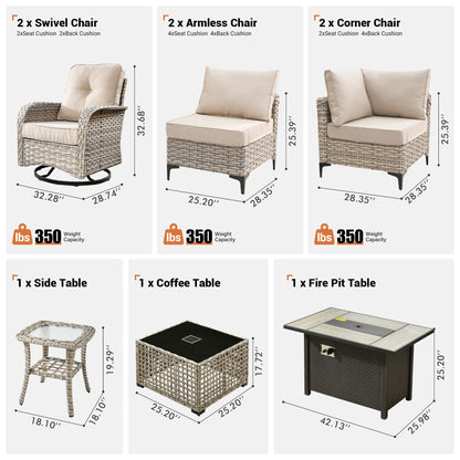 Set di 9 sedie girevoli in vimini per esterni OVIOS con tavolo da fuoco