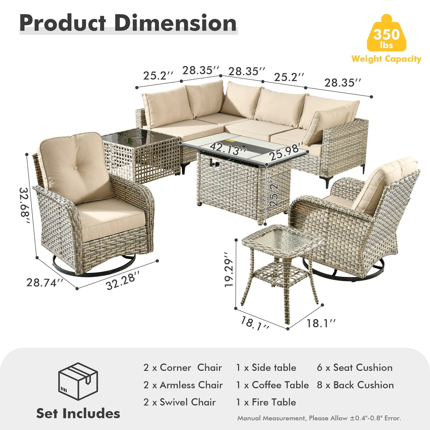 Set di 9 sedie girevoli in vimini per esterni OVIOS con tavolo da fuoco