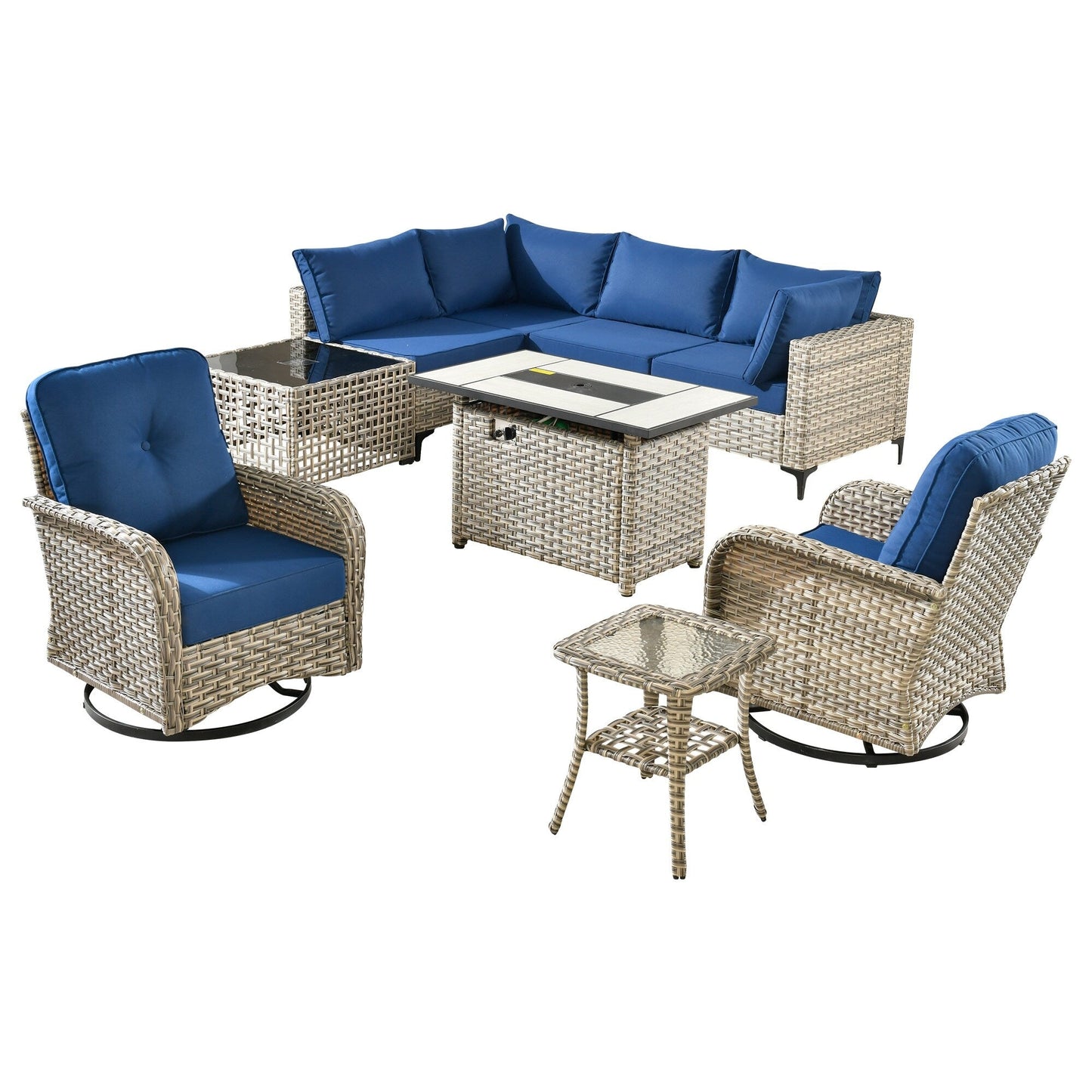 Set di 9 sedie girevoli in vimini per esterni OVIOS con tavolo da fuoco