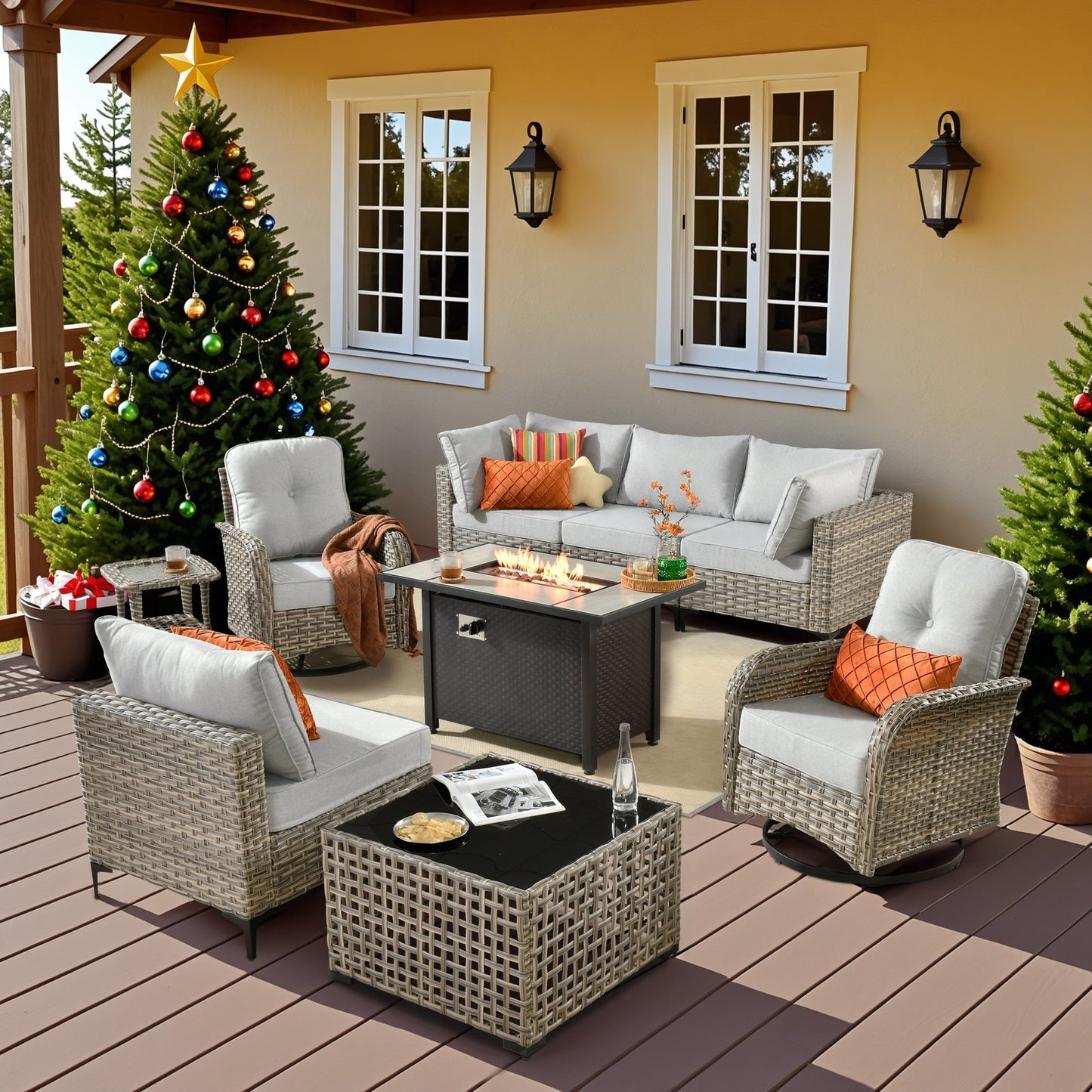 Set di 9 sedie girevoli in vimini per esterni OVIOS con tavolo da fuoco