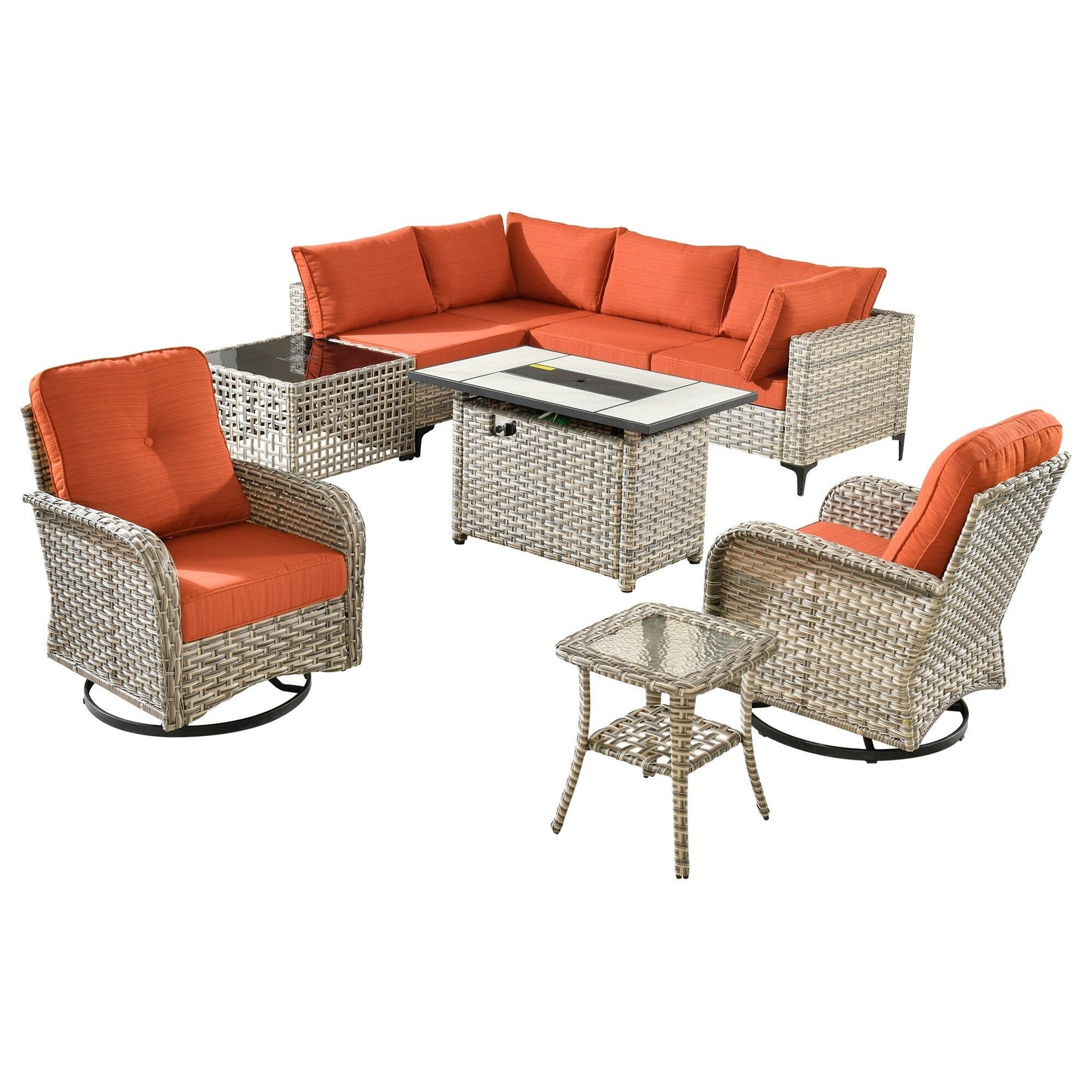 Set di 9 sedie girevoli in vimini per esterni OVIOS con tavolo da fuoco