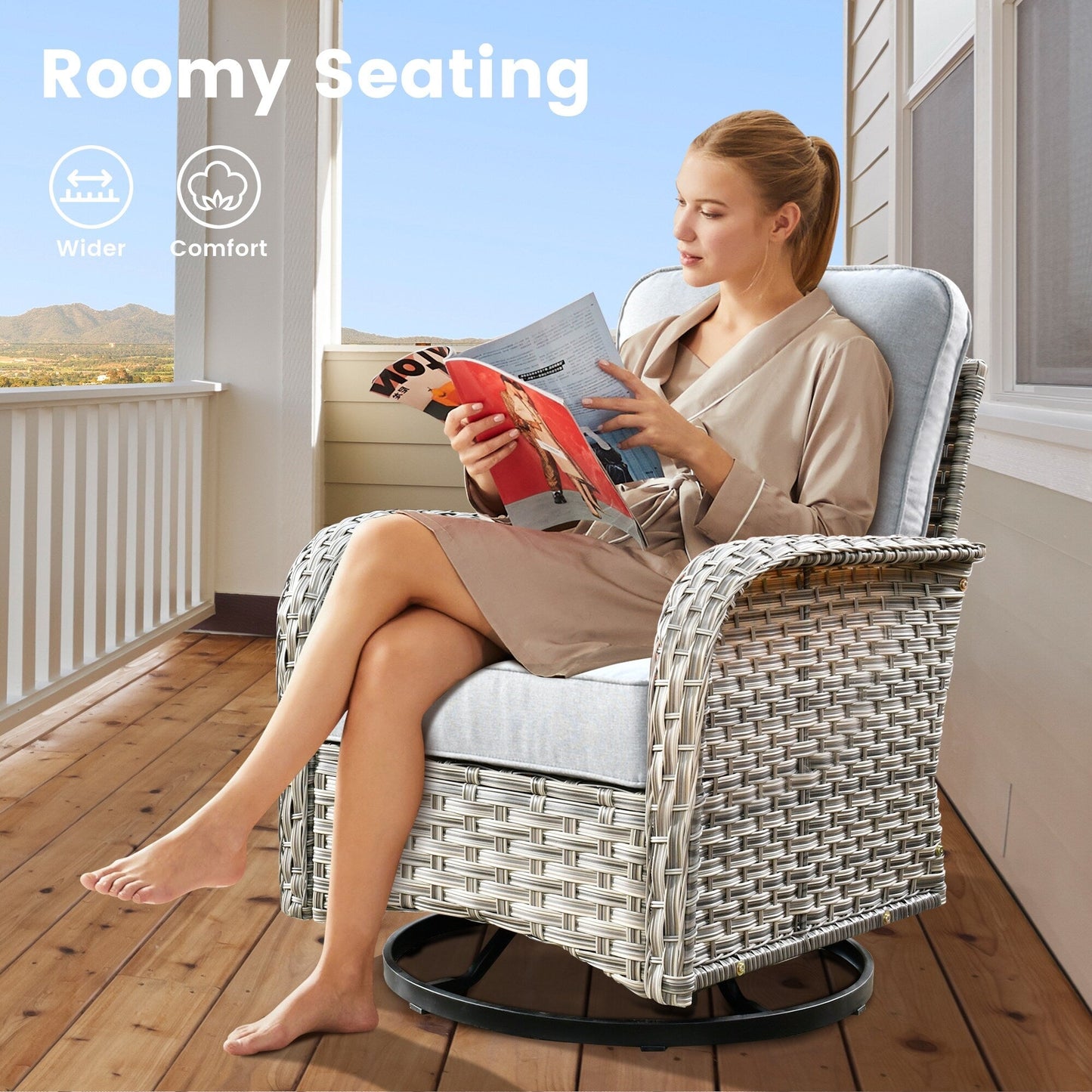 Set di 9 sedie girevoli in vimini per esterni OVIOS con tavolo da fuoco