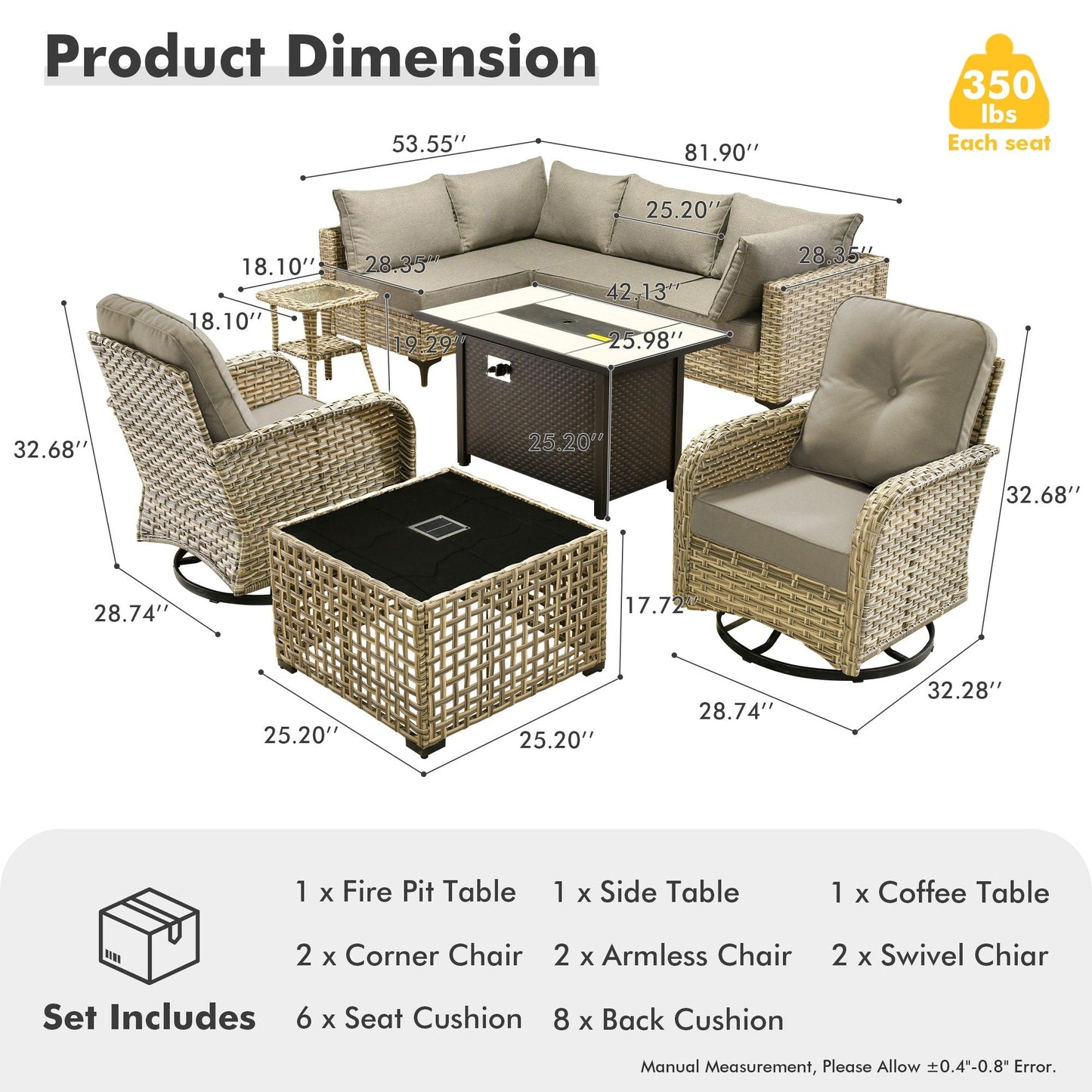 Set di 9 sedie girevoli in vimini per esterni OVIOS con tavolo da fuoco