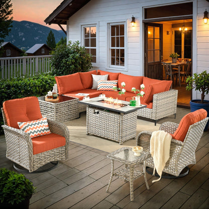 Set di 9 sedie girevoli in vimini per esterni OVIOS con tavolo da fuoco