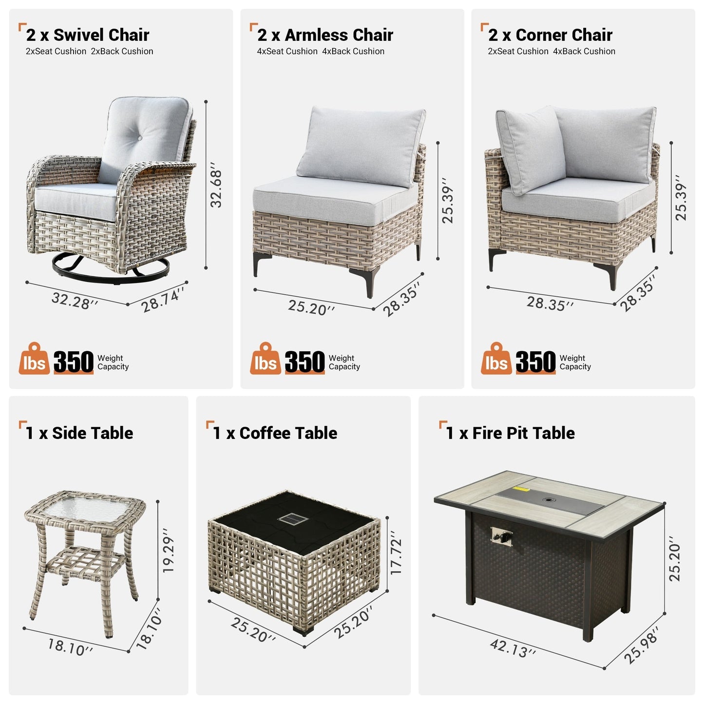 Set di 9 sedie girevoli in vimini per esterni OVIOS con tavolo da fuoco