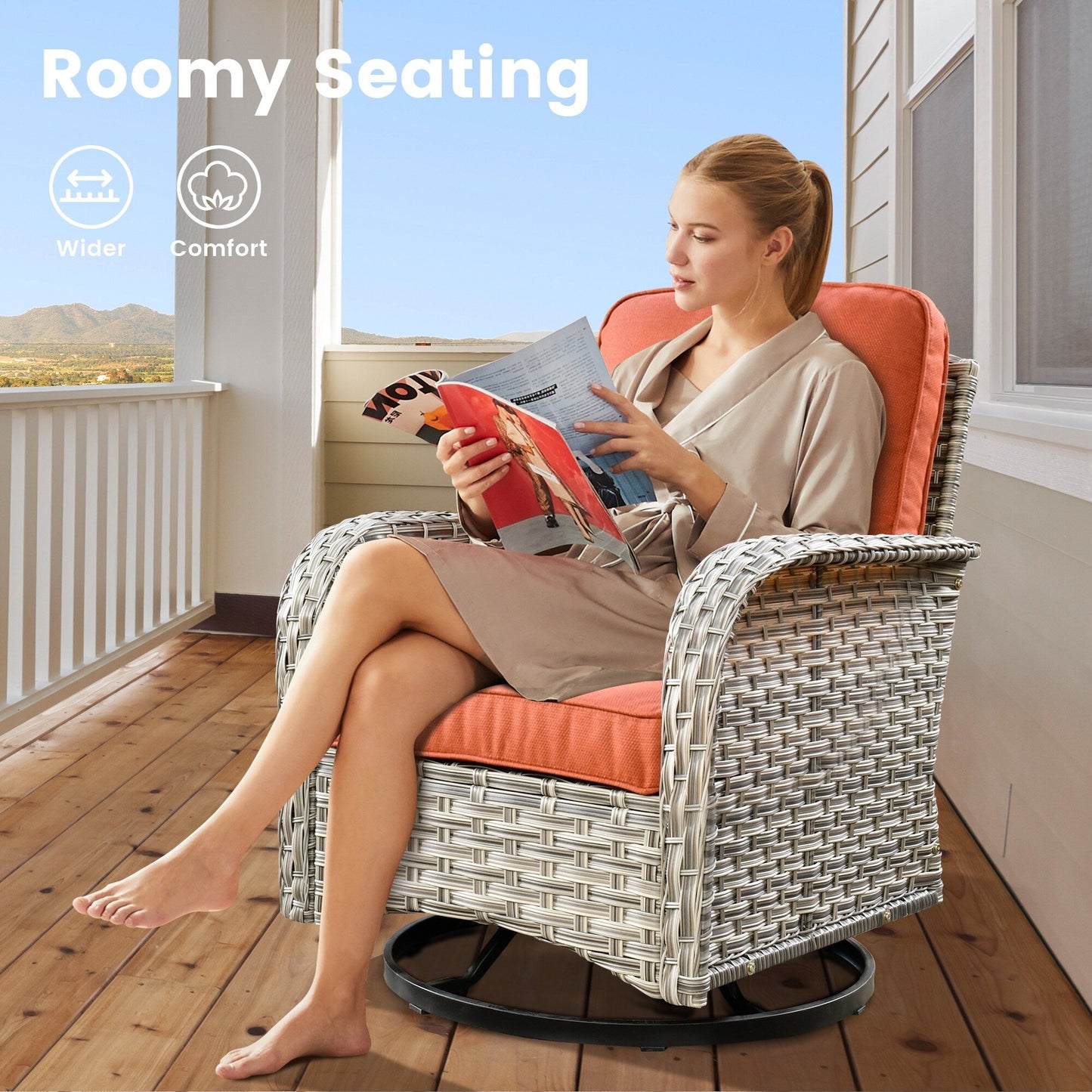 Set di 9 sedie girevoli in vimini per esterni OVIOS con tavolo da fuoco