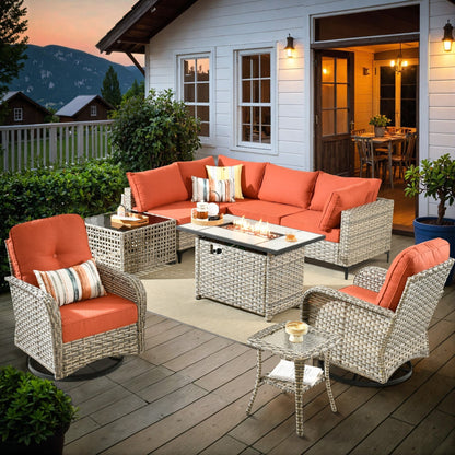 Set di 9 sedie girevoli in vimini per esterni OVIOS con tavolo da fuoco