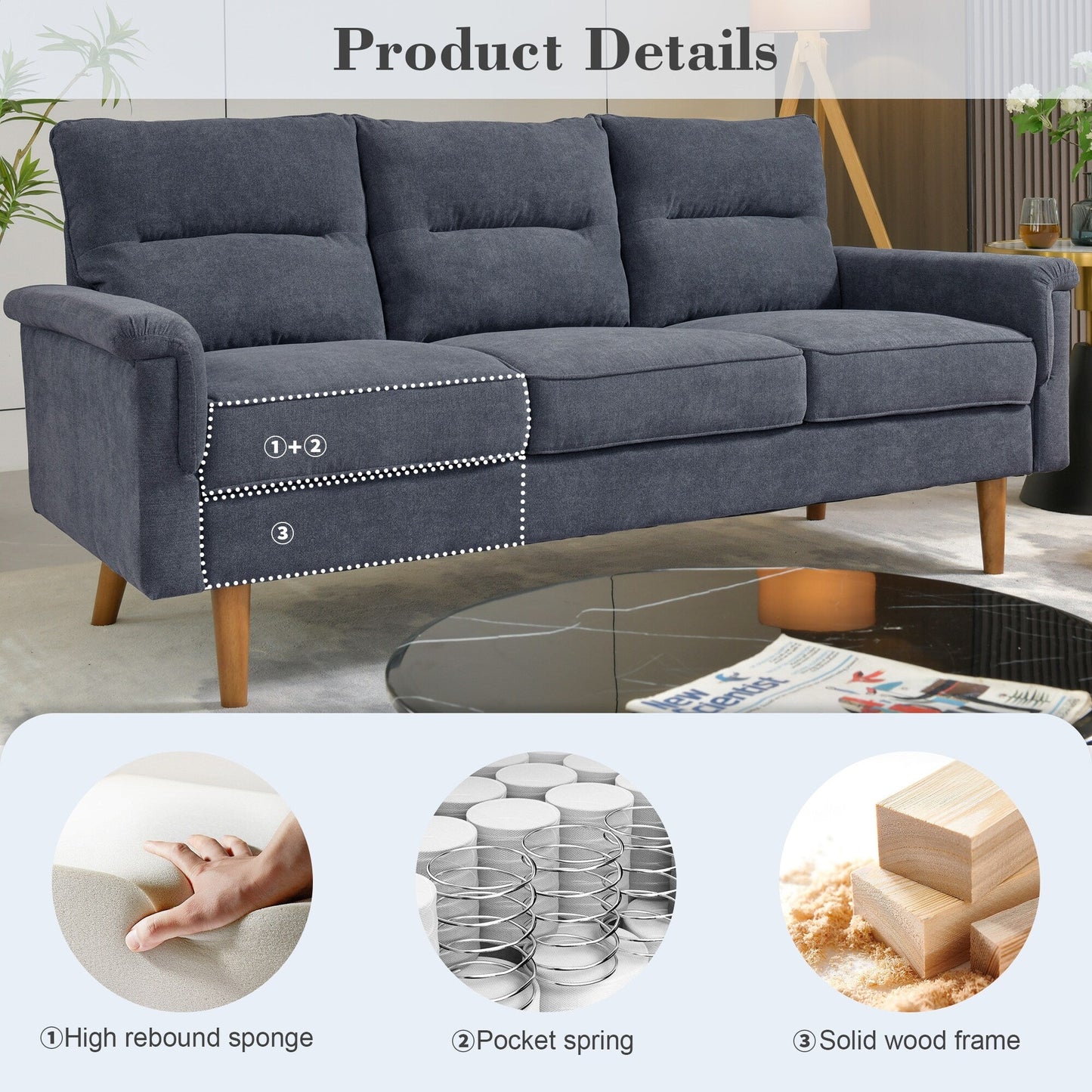 Divano da interno con gambe in legno e cuscino soffice OVIOS