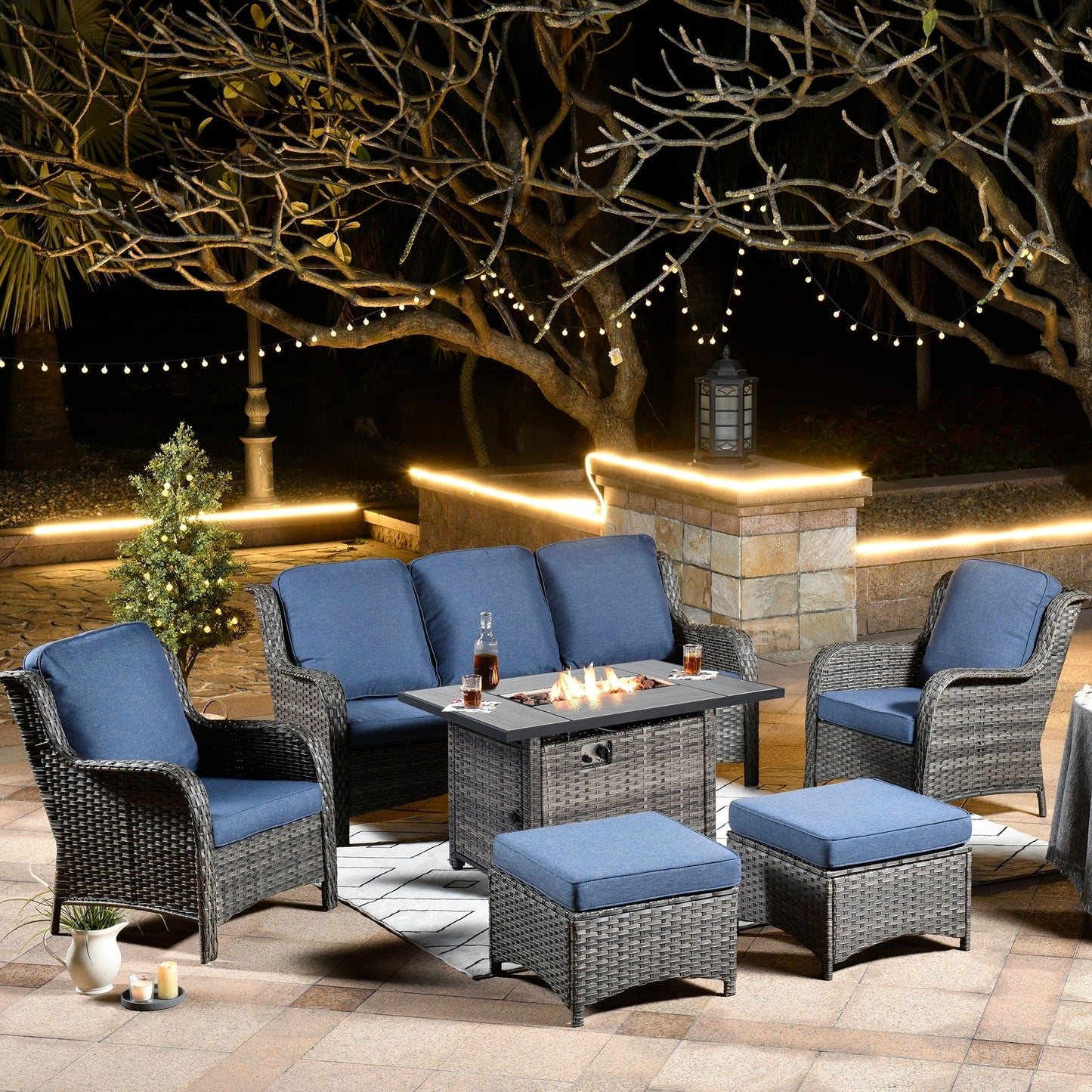 Set di mobili da giardino OVIOS in vimini grigio da 6 pezzi con braciere rettangolare