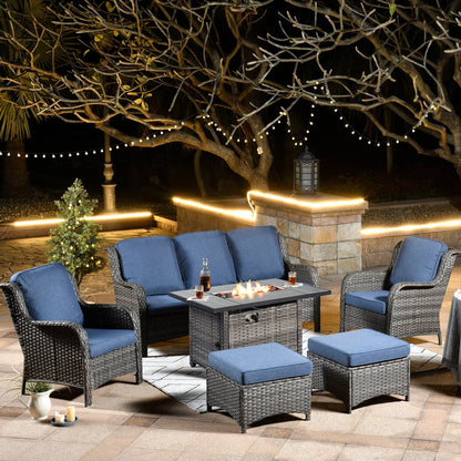 Set di mobili da giardino OVIOS in vimini grigio da 6 pezzi con braciere rettangolare