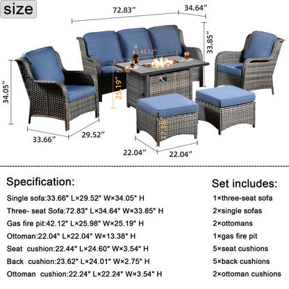 Set di mobili da giardino OVIOS in vimini grigio da 6 pezzi con braciere rettangolare