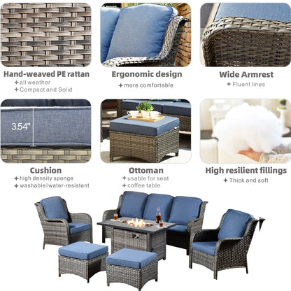 Set di mobili da giardino OVIOS in vimini grigio da 6 pezzi con braciere rettangolare