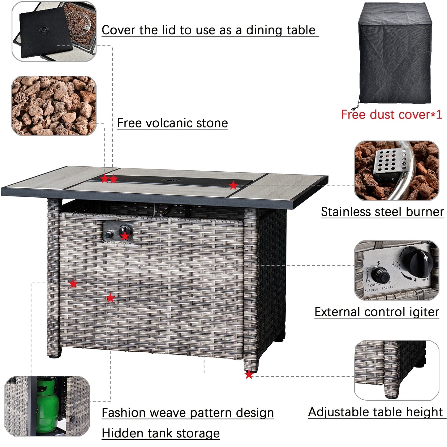 Set di mobili da giardino OVIOS in vimini grigio da 6 pezzi con braciere rettangolare