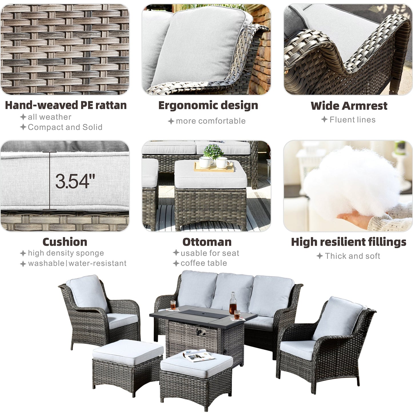 Set di mobili da giardino OVIOS in vimini grigio da 6 pezzi con braciere rettangolare