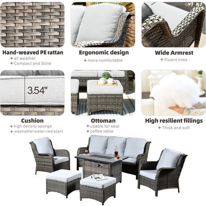 Set di mobili da giardino OVIOS in vimini grigio da 6 pezzi con braciere rettangolare