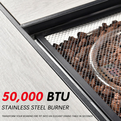 Set di mobili da giardino OVIOS in vimini grigio da 6 pezzi con braciere rettangolare