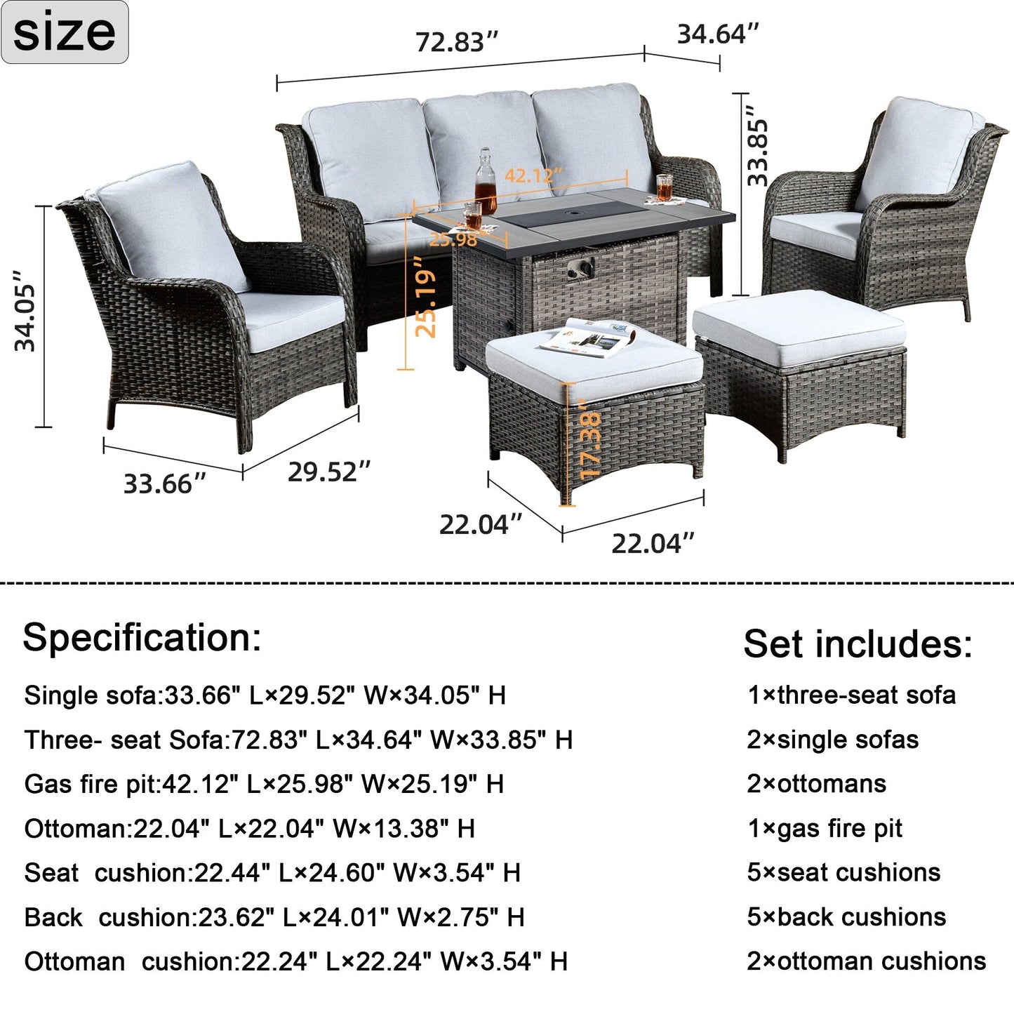 Set di mobili da giardino OVIOS in vimini grigio da 6 pezzi con braciere rettangolare