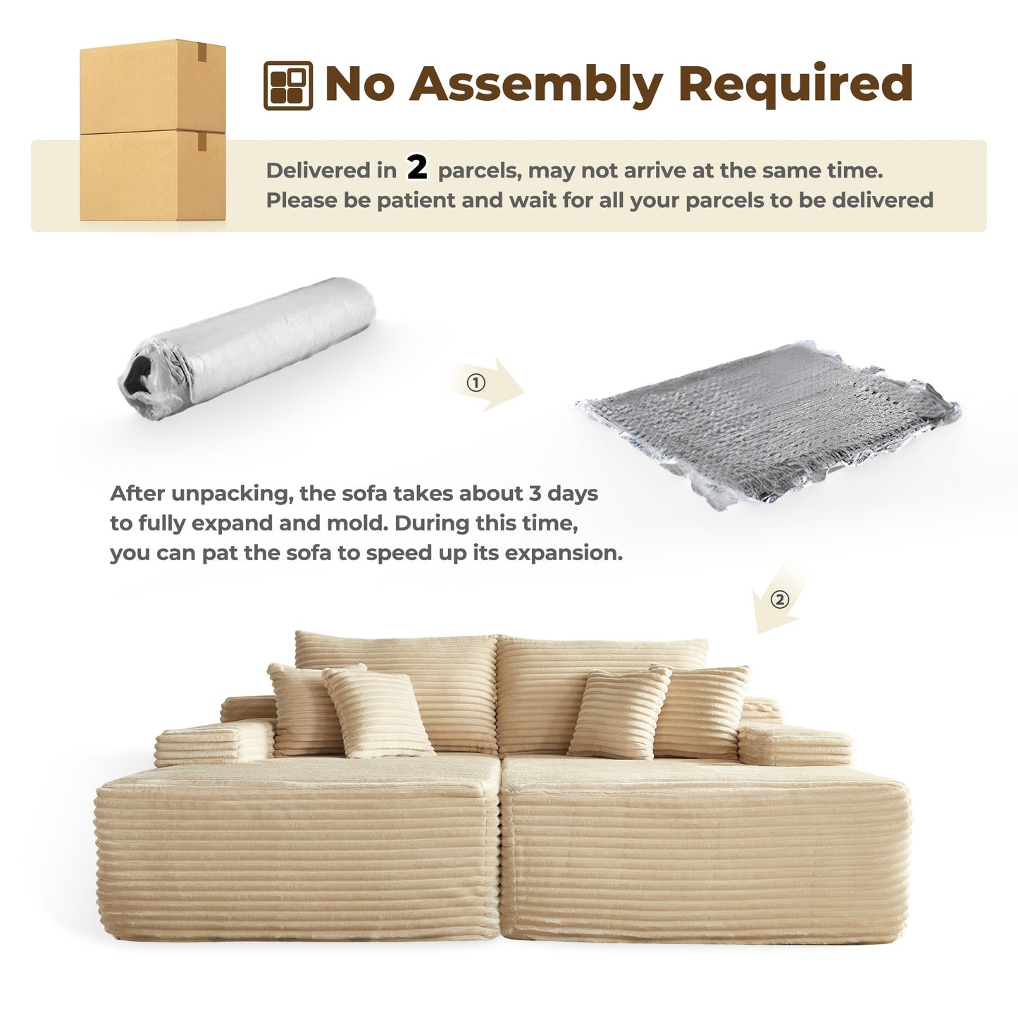 Divano a due posti OVIOS lungo in peluche, senza bisogno di montaggio