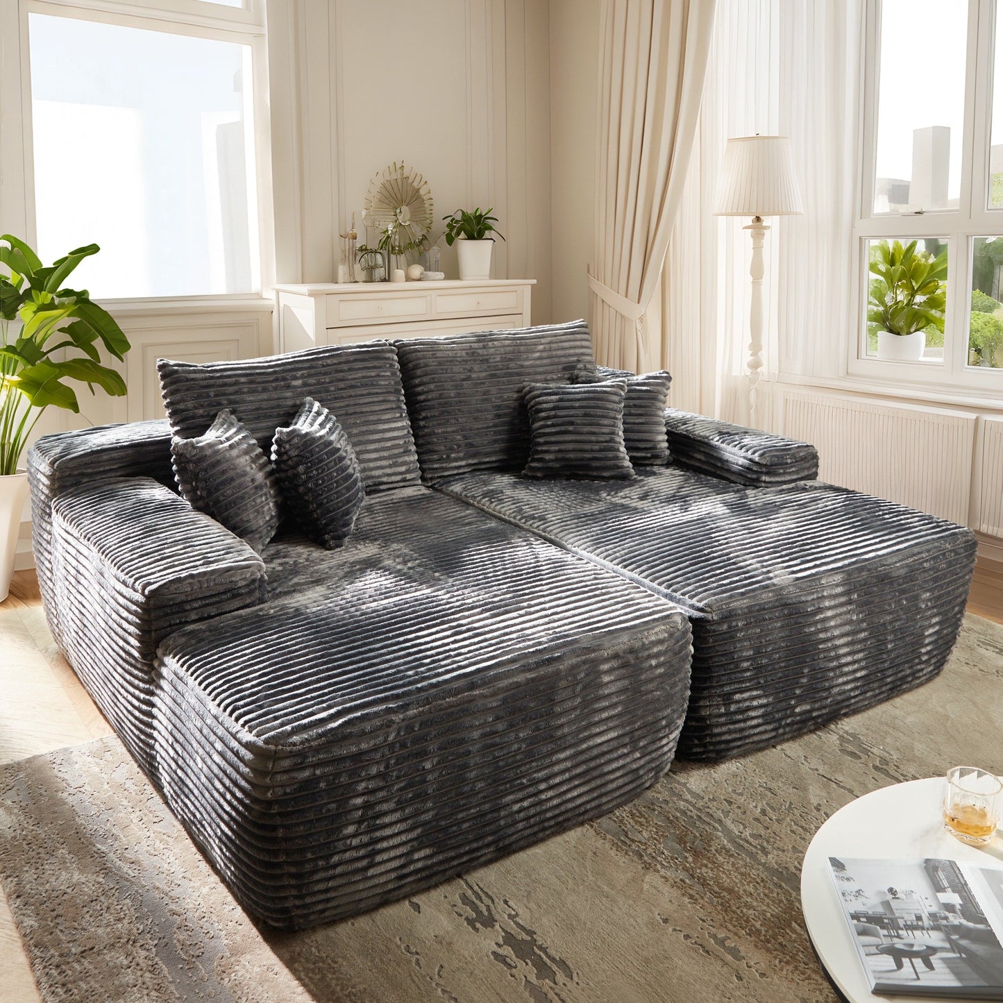 Divano a due posti OVIOS lungo in peluche, senza bisogno di montaggio