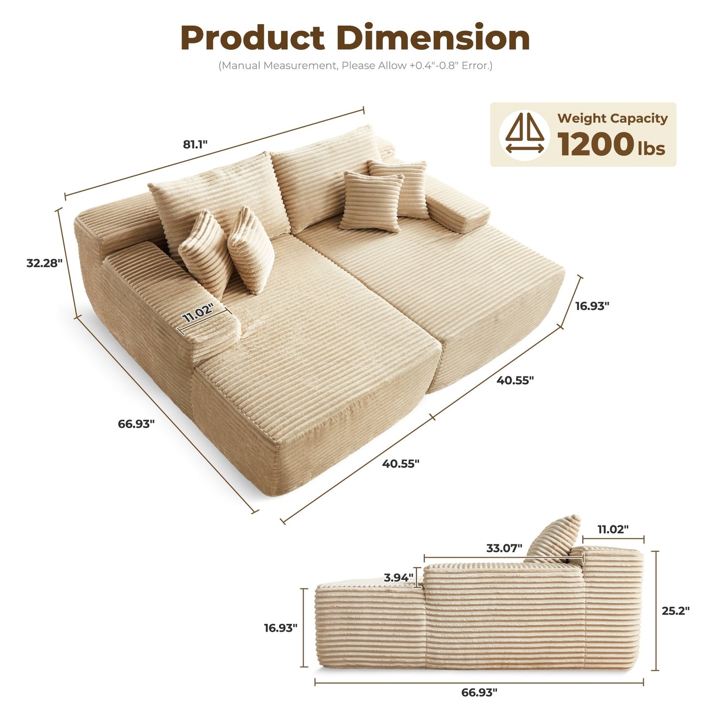 Divano a due posti OVIOS lungo in peluche, senza bisogno di montaggio