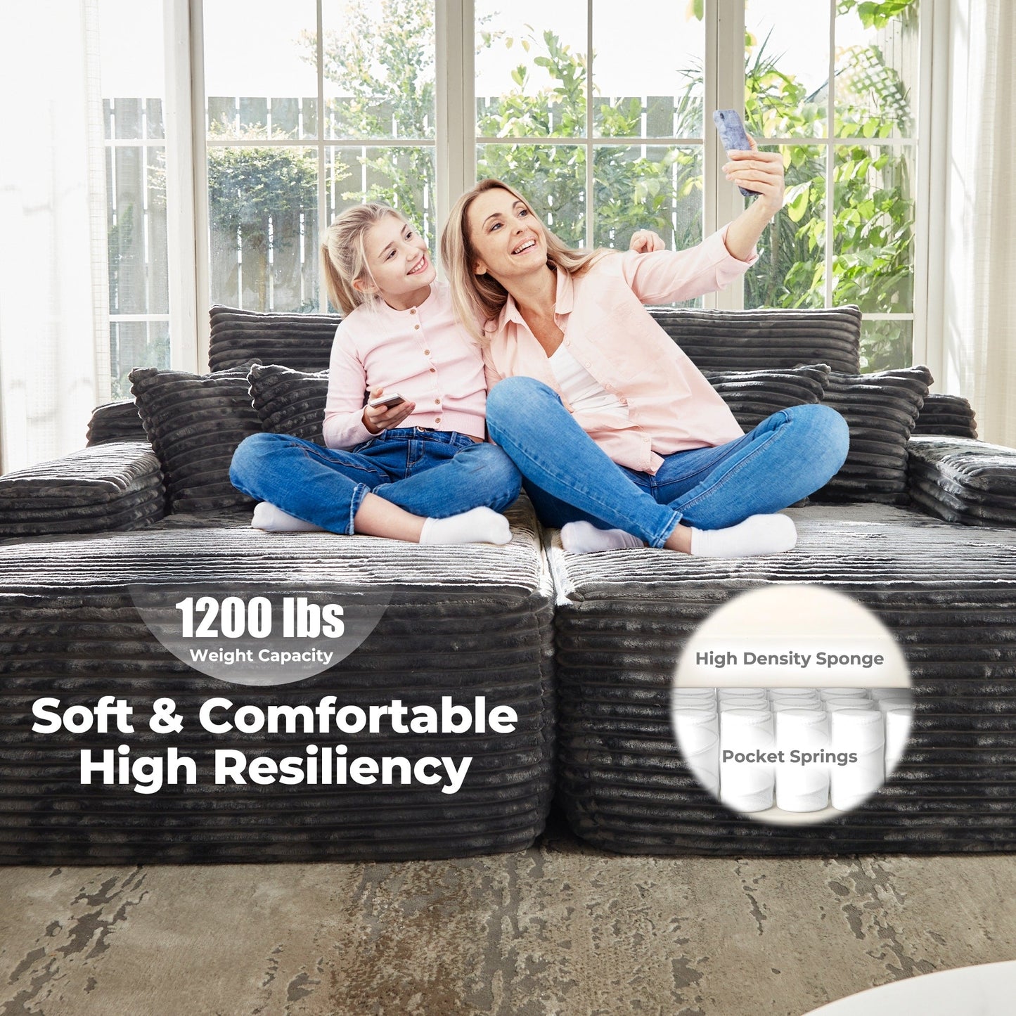 Divano a due posti OVIOS lungo in peluche, senza bisogno di montaggio