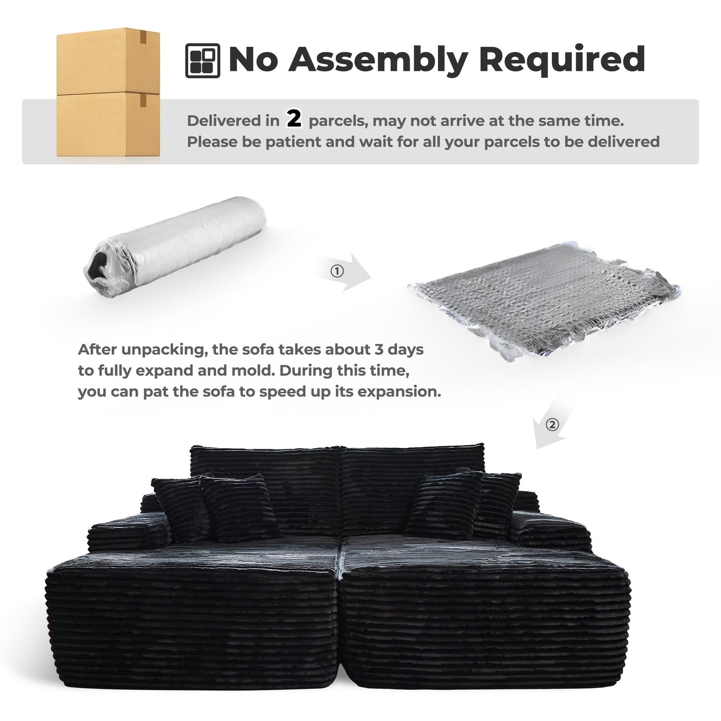 Divano a due posti OVIOS lungo in peluche, senza bisogno di montaggio