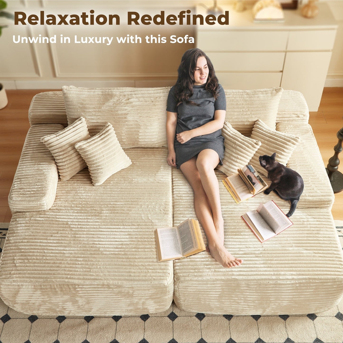 Divano a due posti OVIOS lungo in peluche, senza bisogno di montaggio