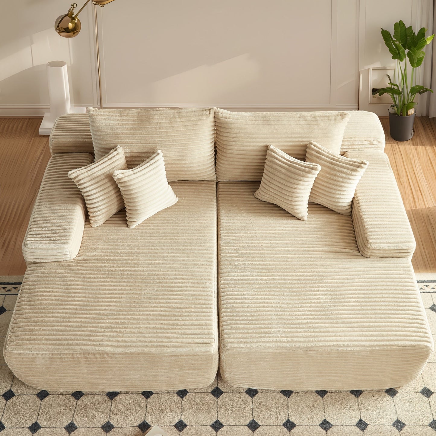 Divano a due posti OVIOS lungo in peluche, senza bisogno di montaggio