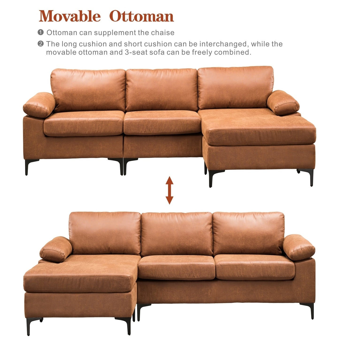 Divano chaise longue reversibile OVIOS con cuscini soffici e gambe in metallo