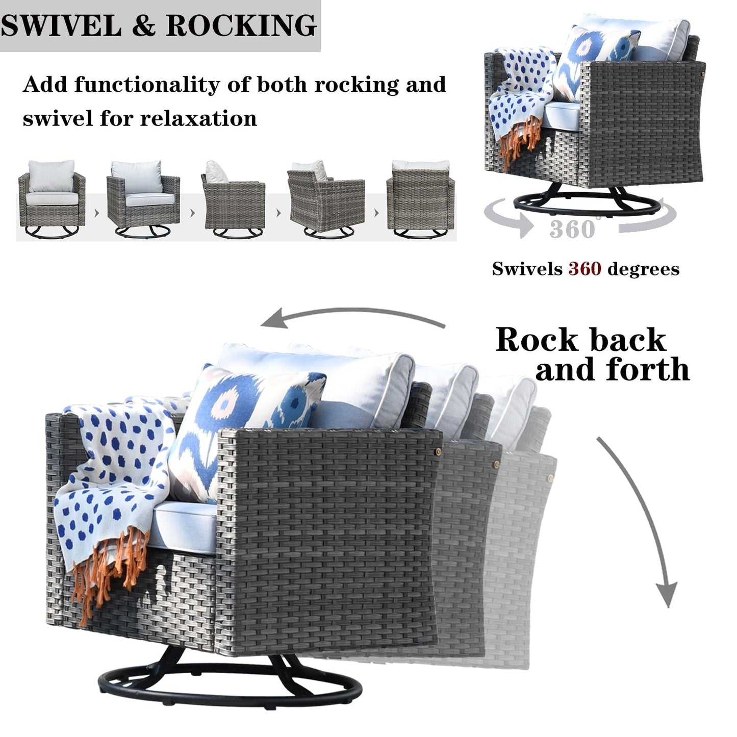 Set di mobili da giardino in vimini OVIOS da 7 pezzi con sedie a dondolo girevoli