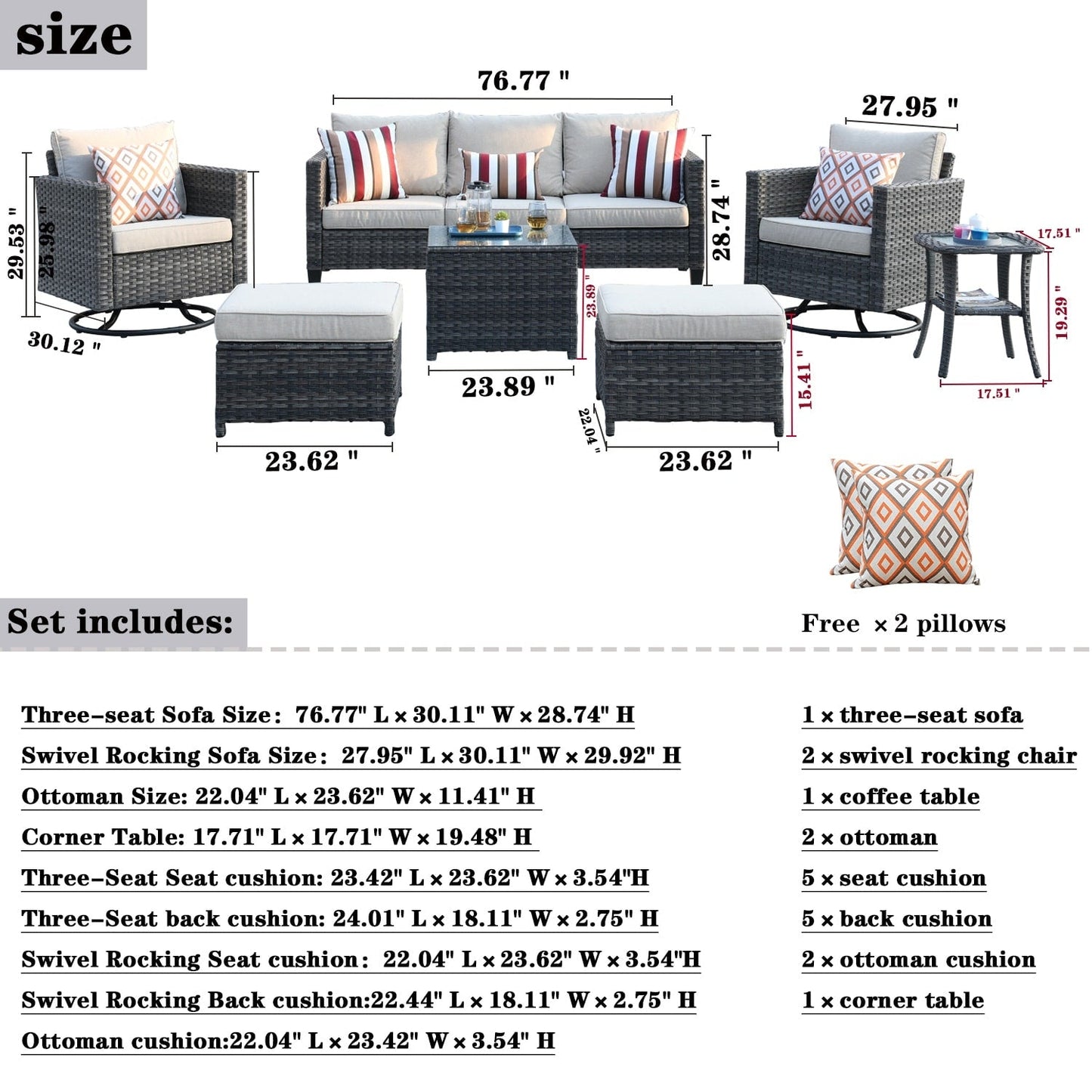 Set di mobili da giardino in vimini OVIOS da 7 pezzi con sedie a dondolo girevoli