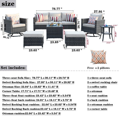 Set di mobili da giardino in vimini OVIOS da 7 pezzi con sedie a dondolo girevoli