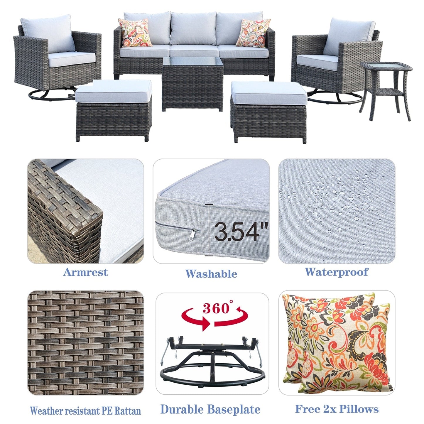 Set di mobili da giardino in vimini OVIOS da 7 pezzi con sedie a dondolo girevoli