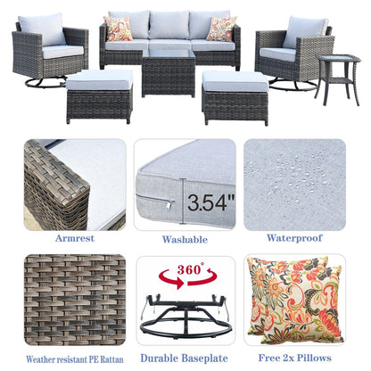 Set di mobili da giardino in vimini OVIOS da 7 pezzi con sedie a dondolo girevoli