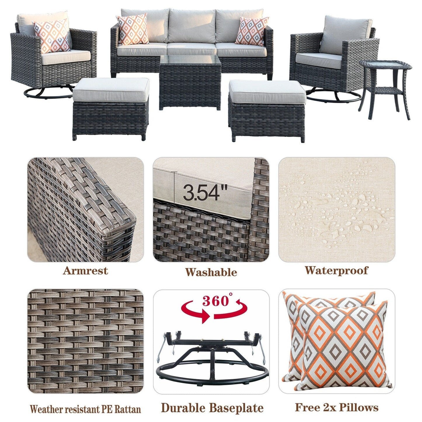 Set di mobili da giardino in vimini OVIOS da 7 pezzi con sedie a dondolo girevoli